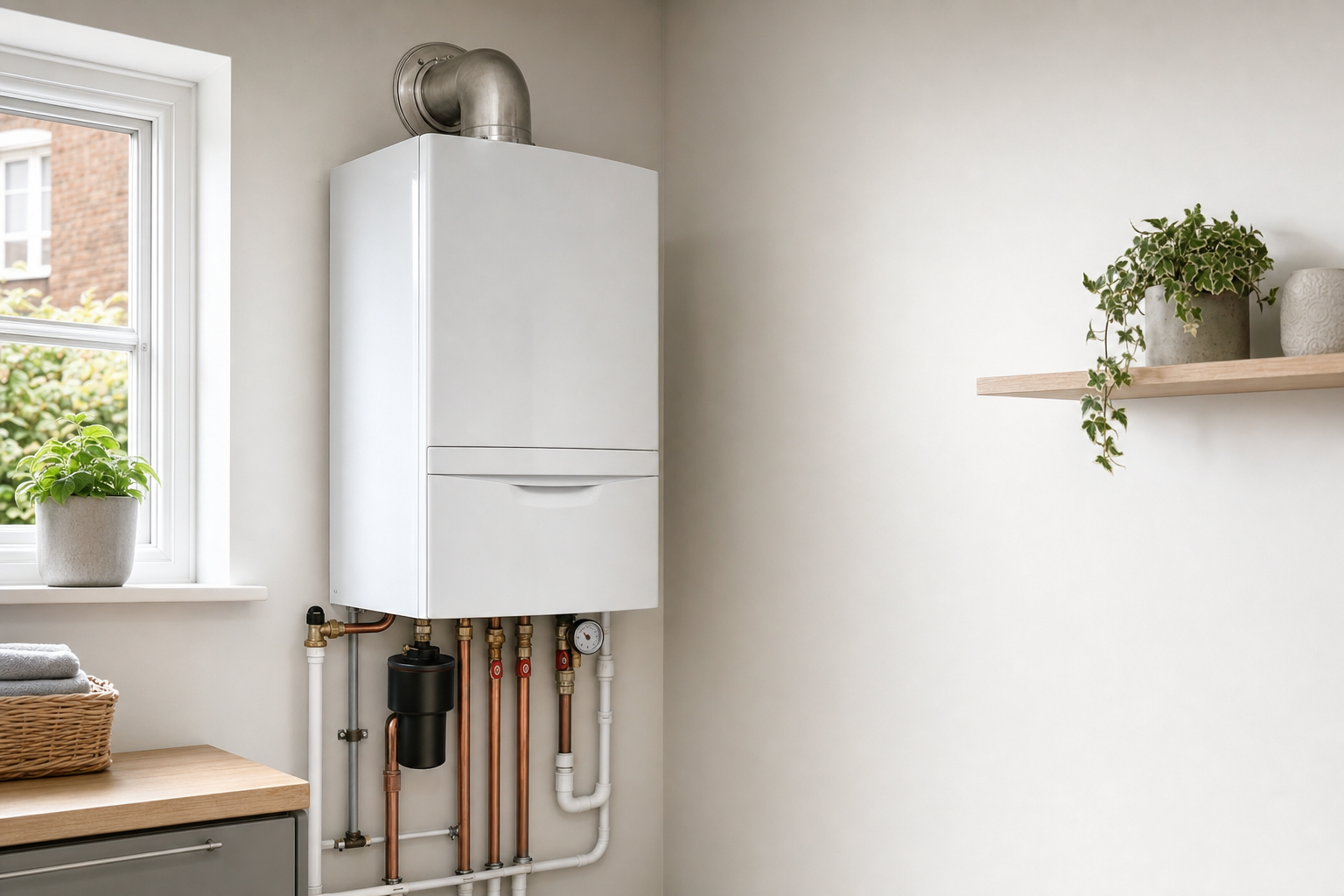 A modern wall-mounted boiler with exposed pipes is installed in a bright utility room next to a window and shelf with plants.