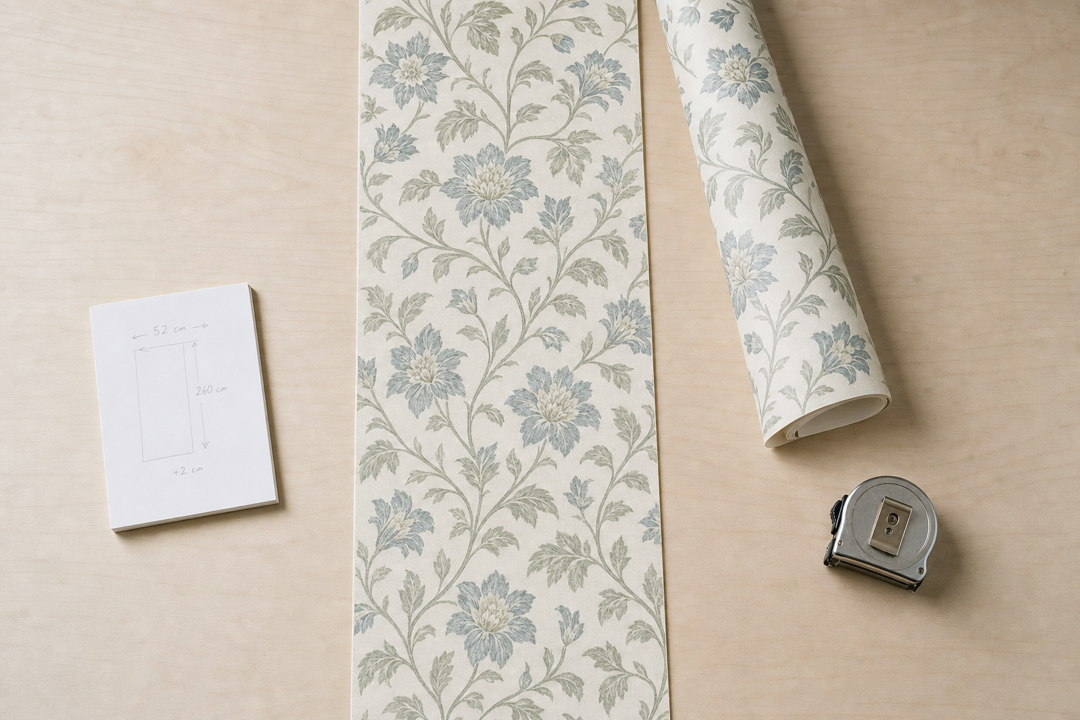 Floral wallpaper roll with measuring tape and sketch on light wooden surface.