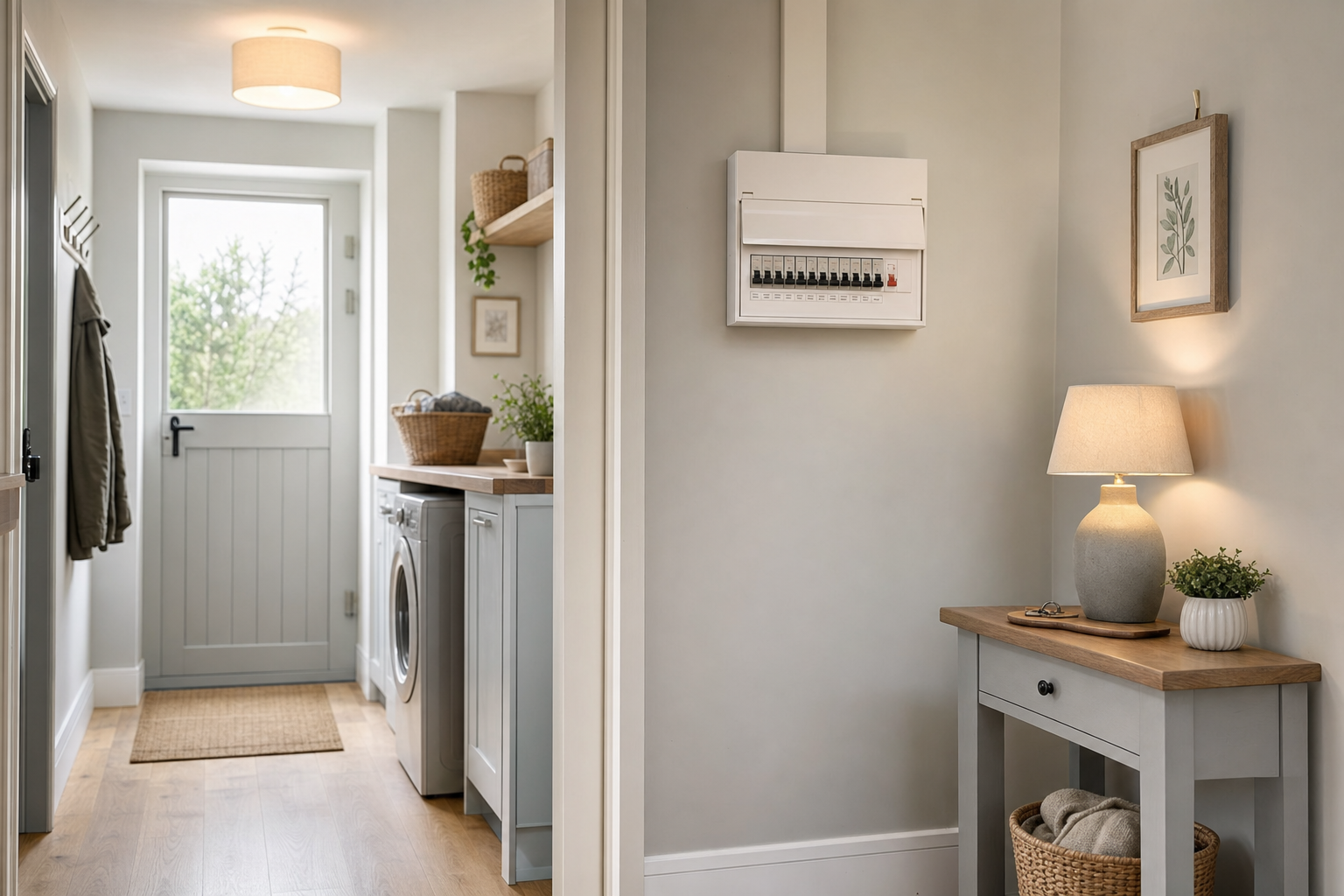 Modern utility room with washing machine, wicker baskets, wall-mounted circuit panel, and side table with lamp and plant.