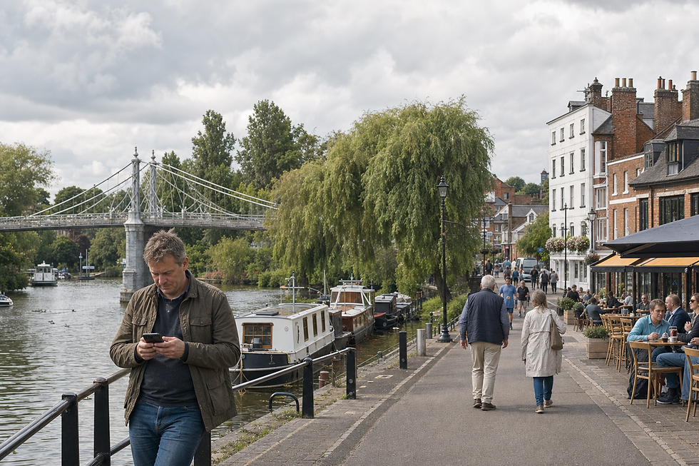 Man using phone on riverside path near boats, while people walk past bustling outdoor cafes and historic buildings.