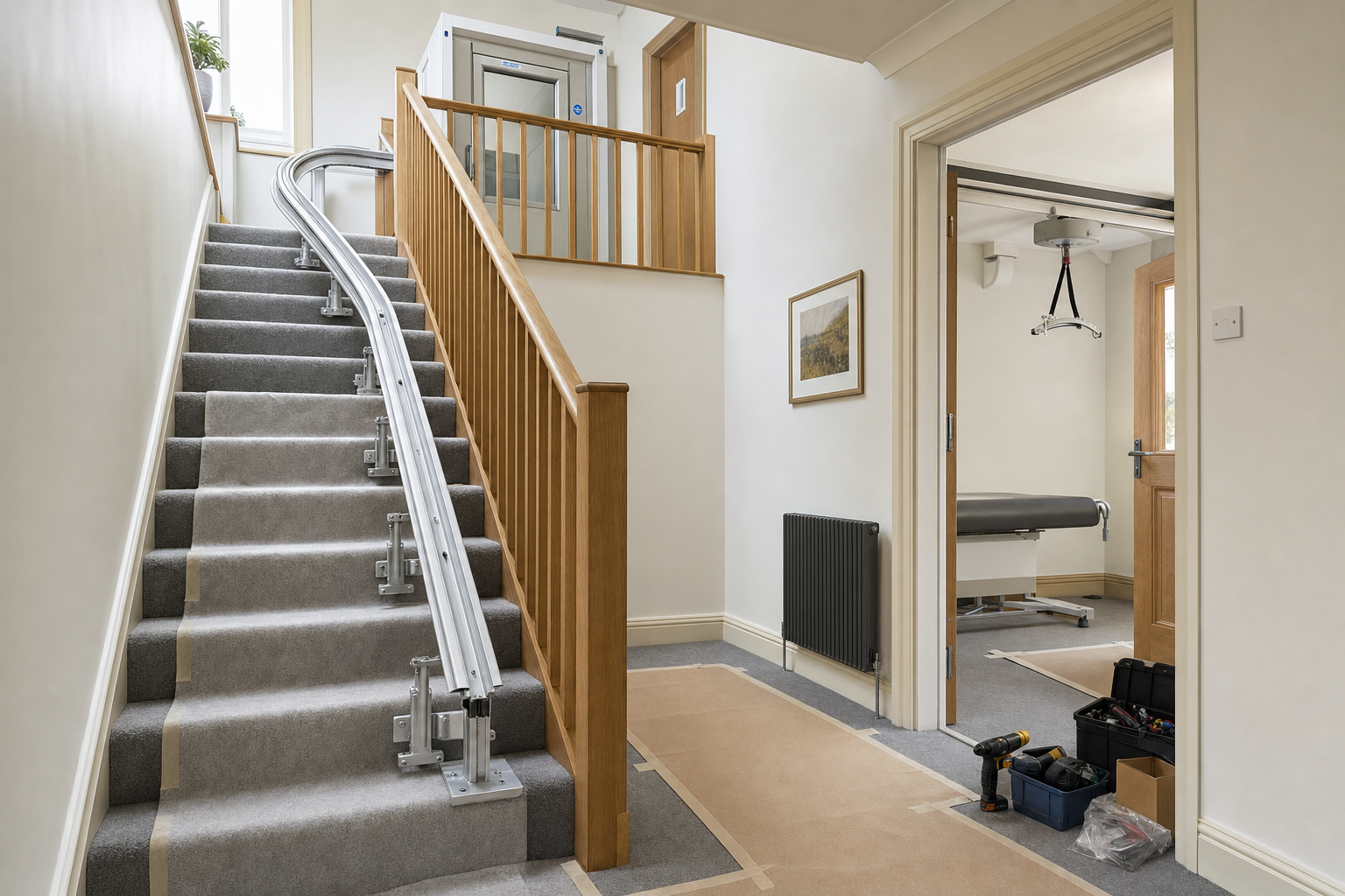 Staircase with an installed stairlift track in a carpeted hallway next to a room equipped with a ceiling-mounted support system.