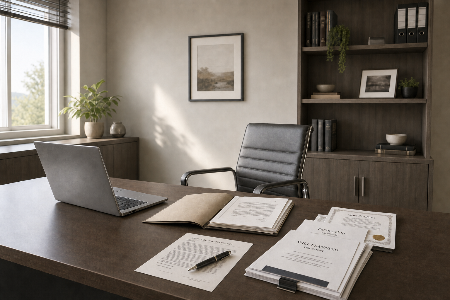A modern office desk with a laptop, documents, and a pen, adjacent to a bookcase and window with natural light.