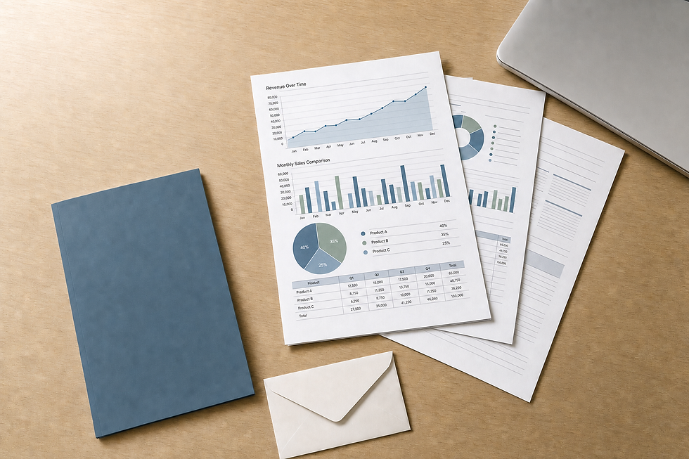 Analysis documents with graphs and charts on a table next to a closed laptop, a notebook, and an envelope.