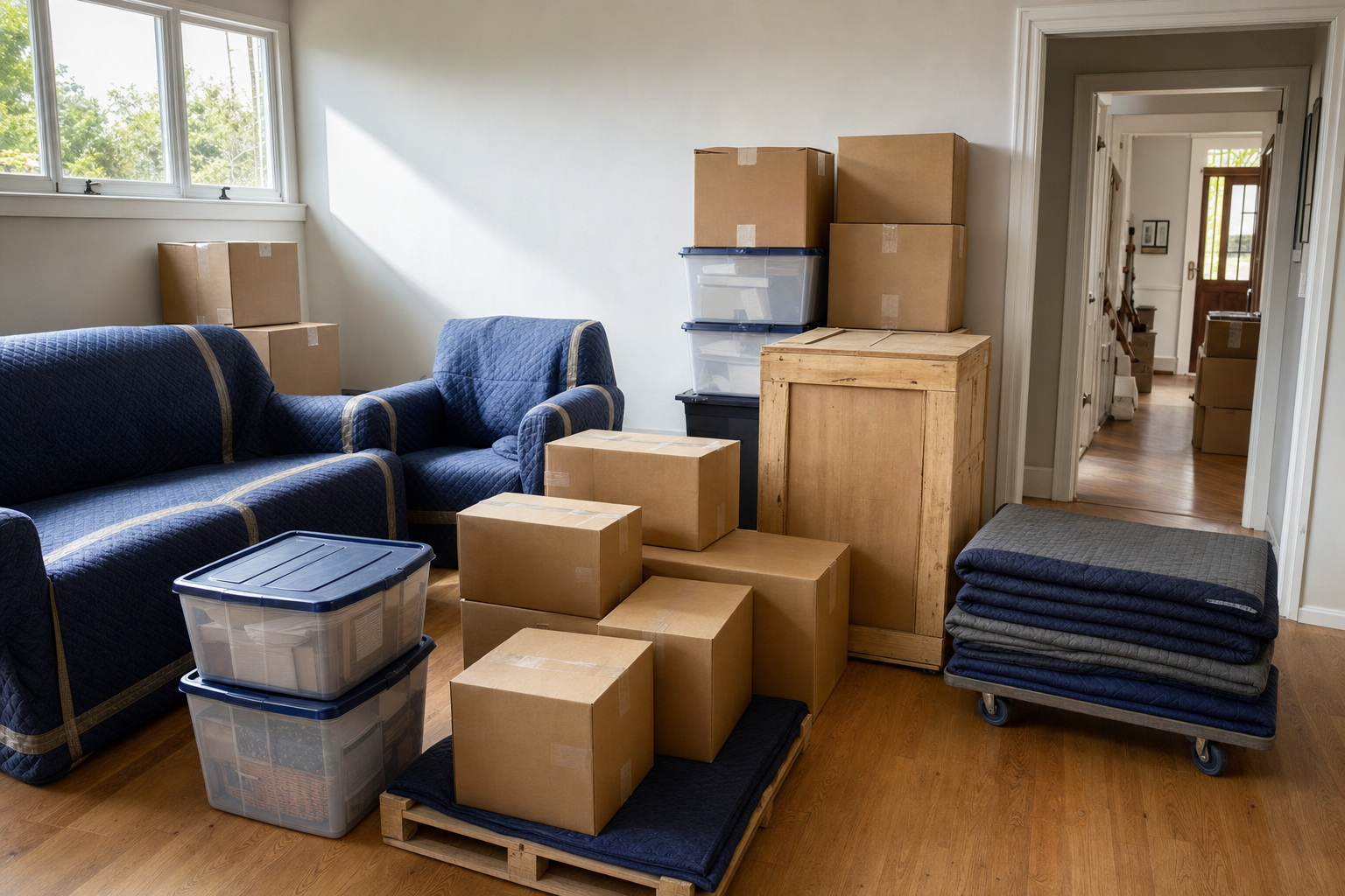 Packed boxes and furniture covered with blue moving blankets in a sunlit room, ready for relocation.