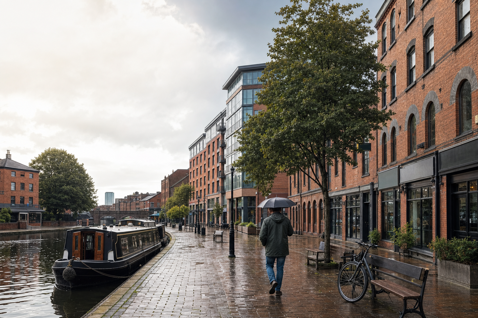 A person with an umbrella walks along a canal with a moored boat and red brick buildings in the background on a rainy day.