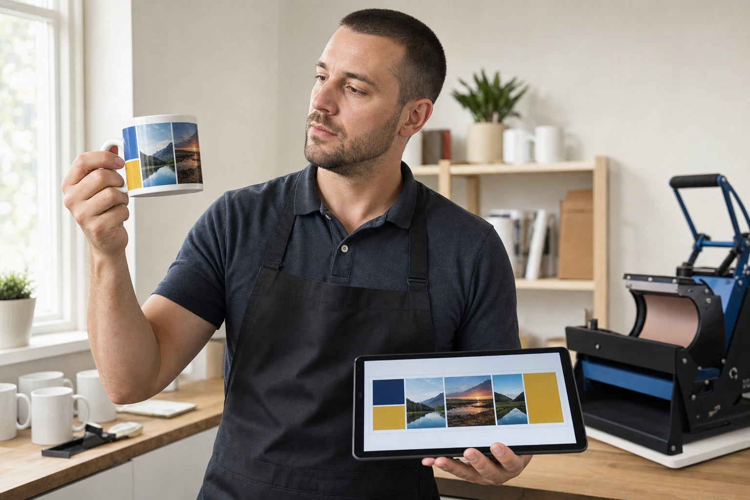 A man in an apron examines a custom printed mug and a tablet displaying the same design in a workshop setting.
