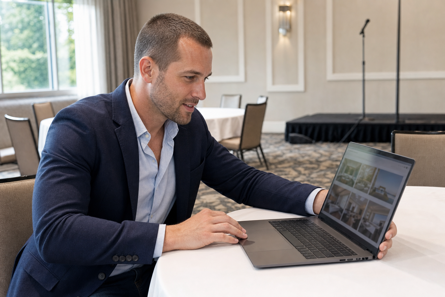 Man in a suit using a laptop at a conference venue with a stage in the background.