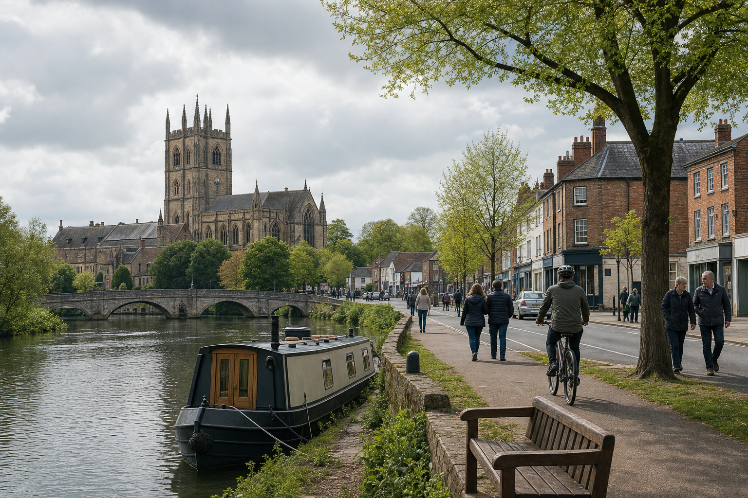 Canal boat moored on a scenic river with a historic church and people walking and cycling in the background on a cloudy day.