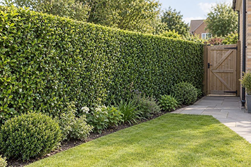 Trimmed green hedge and plants line a garden path leading to a wooden gate under a clear sky.