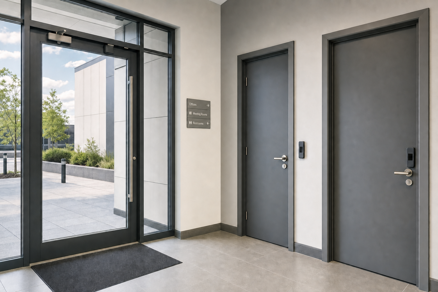 Modern office entrance with glass doors, two interior doors, and directional signage.