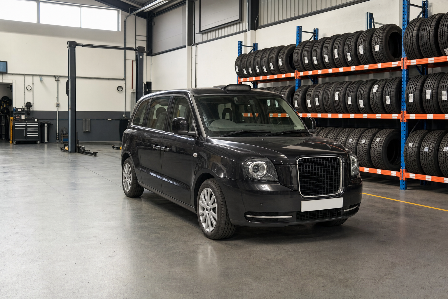 A black taxi is parked inside a tyre storage facility with shelves of tyres in the background.