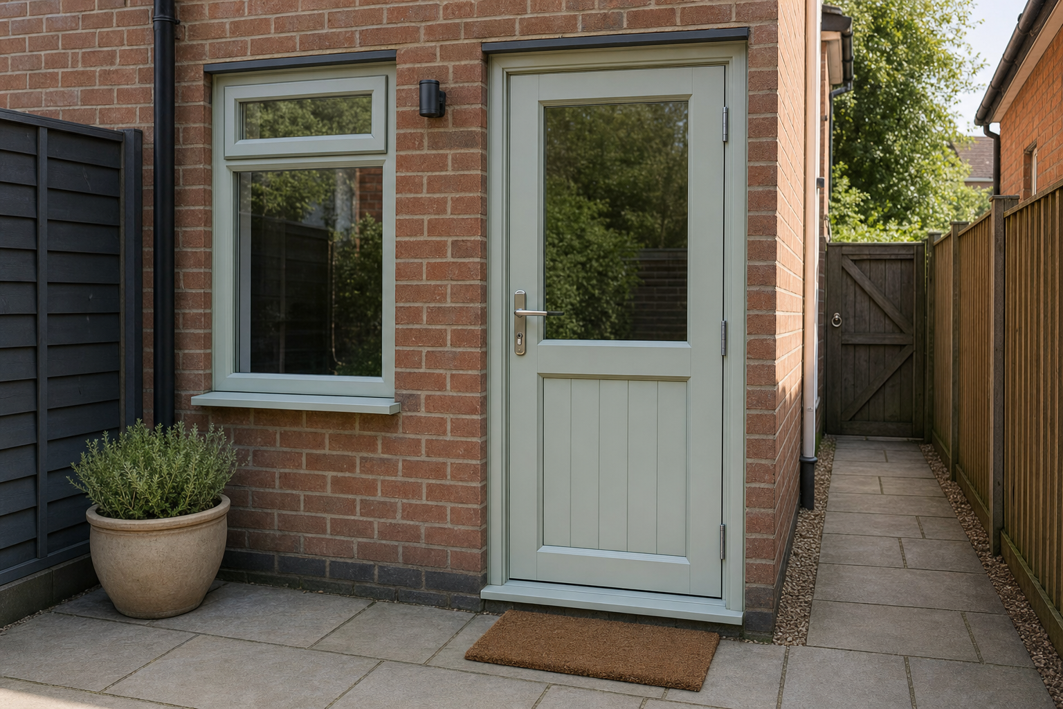 Cream-painted back door and window set in a red-brick house with a potted plant and side pathway.