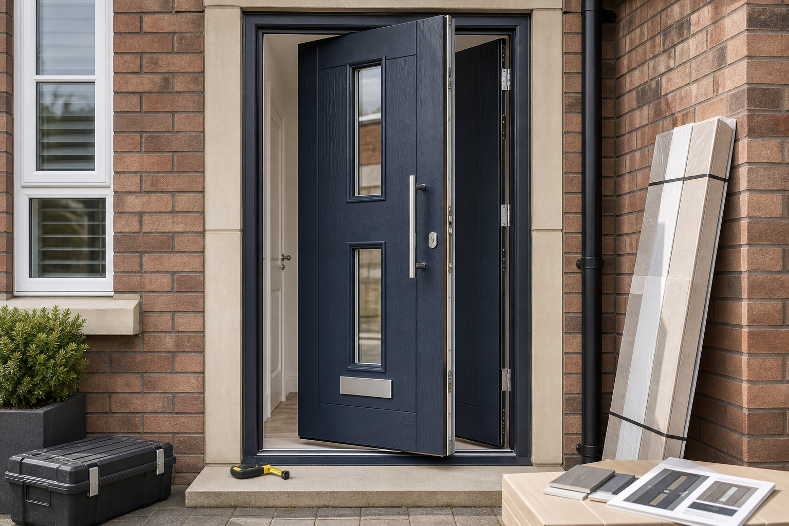 Modern blue front door slightly open with a tool box and packaging nearby.