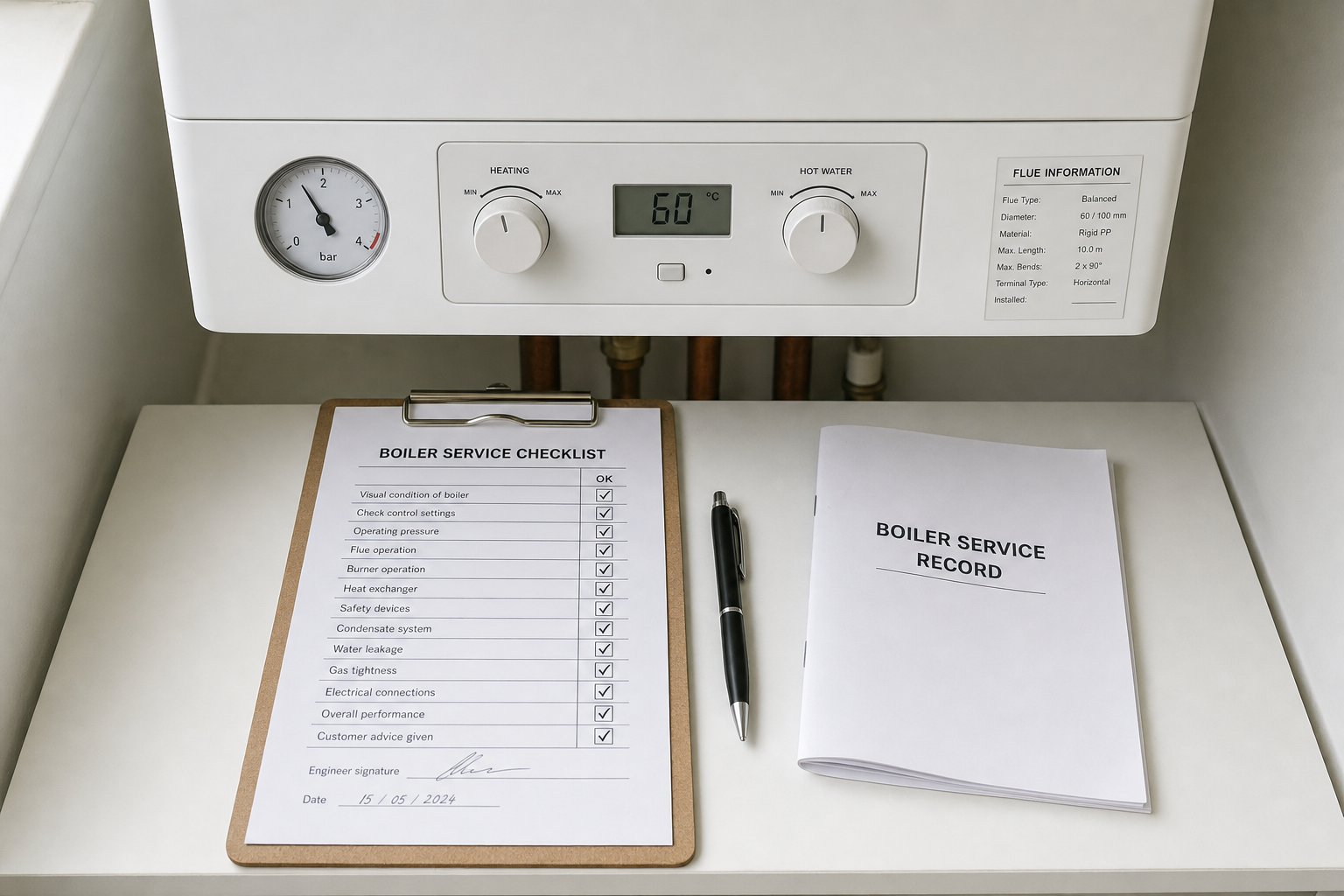 Boiler control panel with a service checklist, a record booklet, and a pen on a white surface.