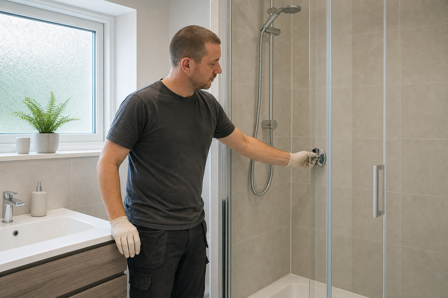 A man adjusts a shower knob in a modern bathroom while wearing a glove.