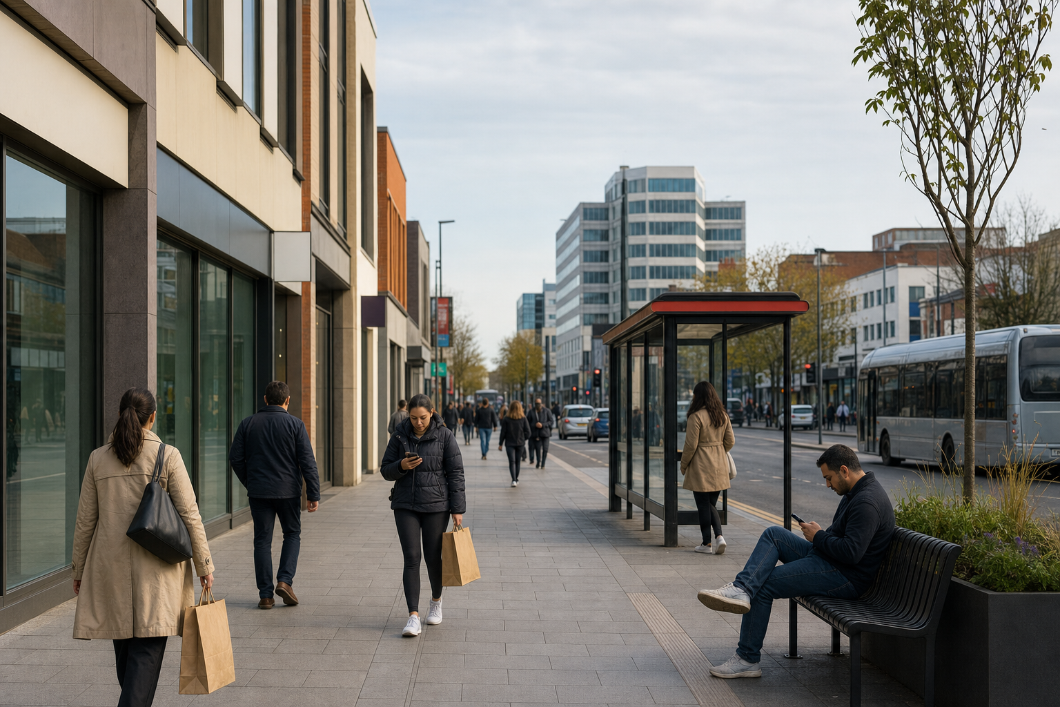 People walking and using phones on a busy city street near a bus stop and modern buildings.