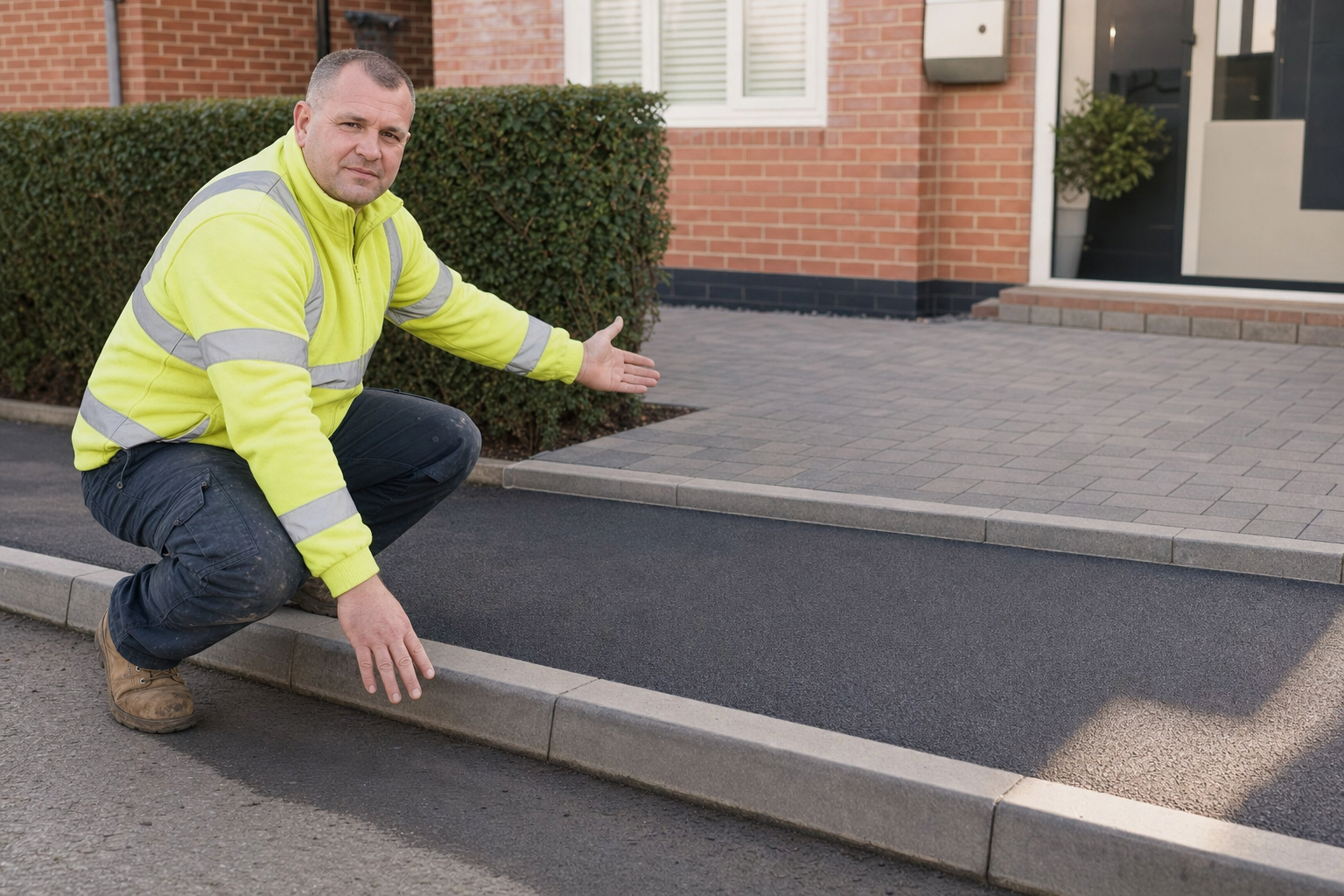 A worker in a high-visibility jacket kneels, showing a newly paved driveway.