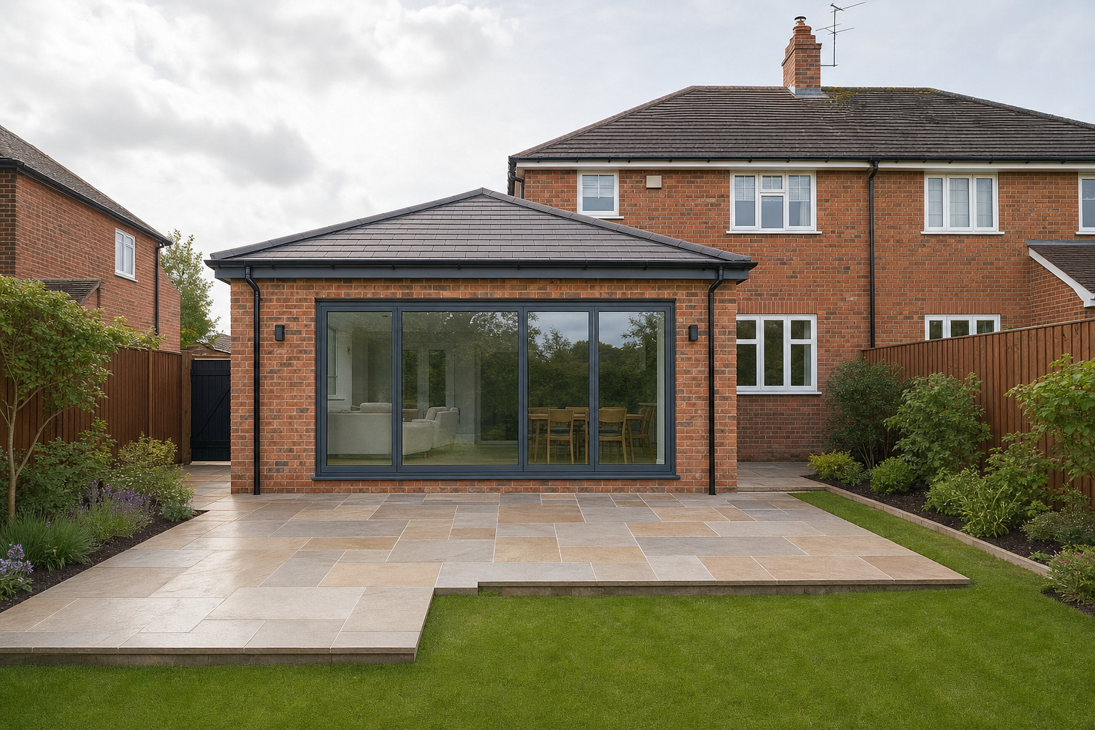 A modern brick house extension with large glass doors opens onto a paved patio and neatly manicured garden.
