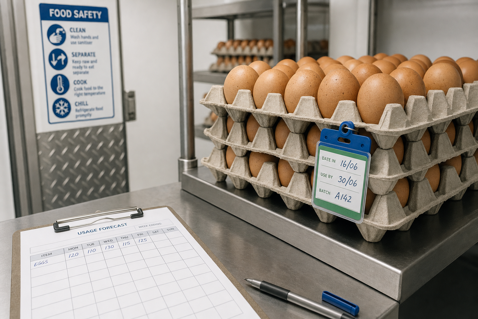 Cartons of eggs labelled with dates on metal shelves, alongside a clipboard with a usage forecast in a storage area.