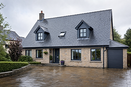 Modern detached house with a slate roof, brick facade, and a wet paved driveway.