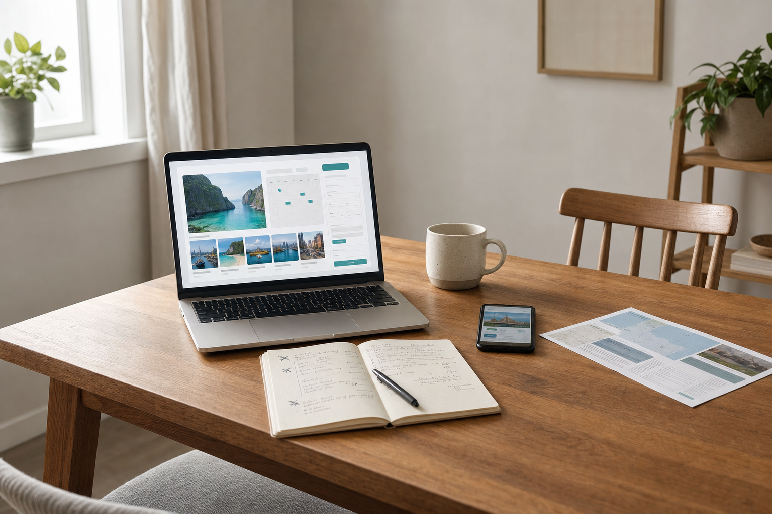Workspace with a laptop showing travel destinations, a notebook with notes, a smartphone, a map, and a mug on a wooden table.