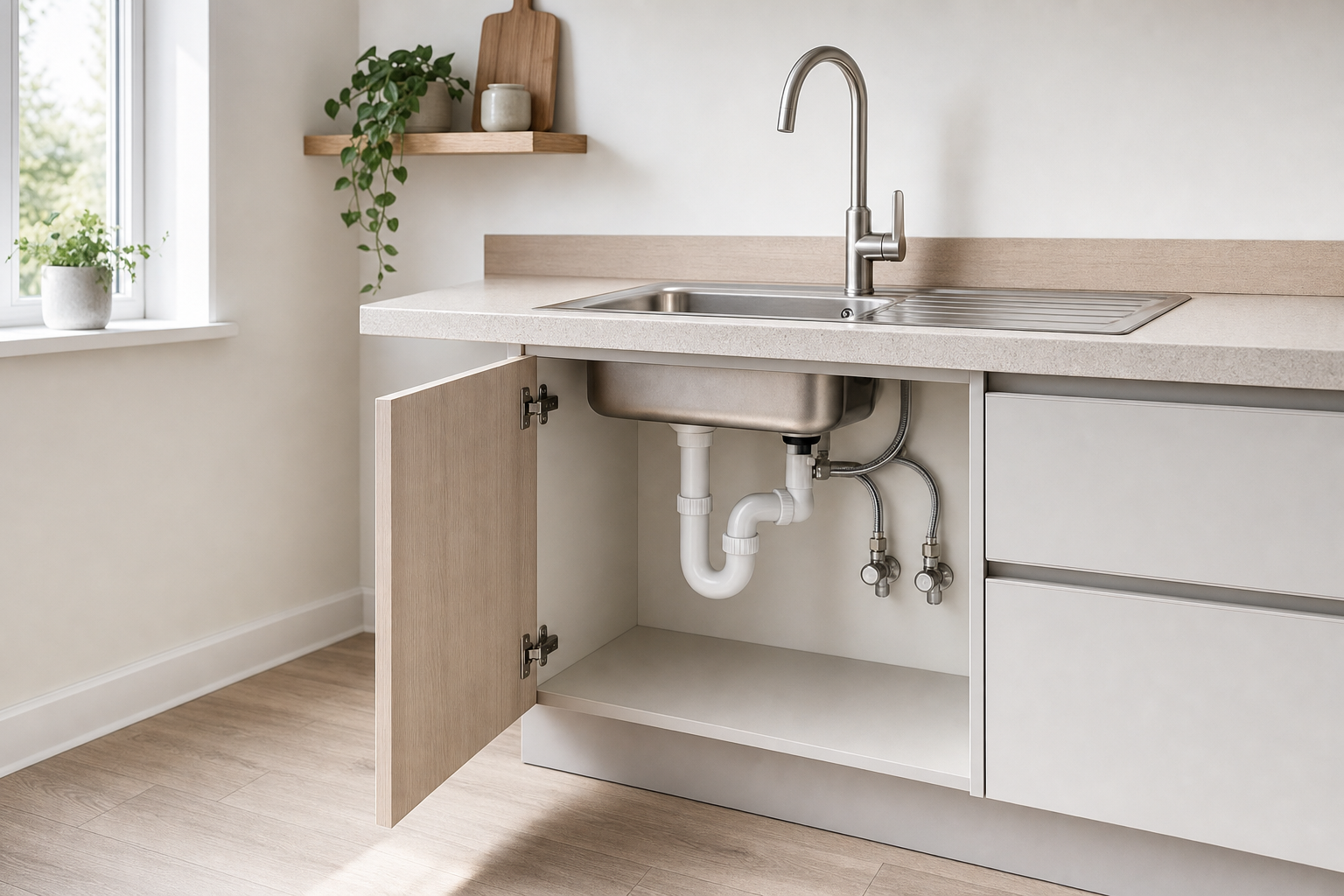 Modern kitchen sink with an open cupboard revealing pipes, set in a bright space with wooden accents.