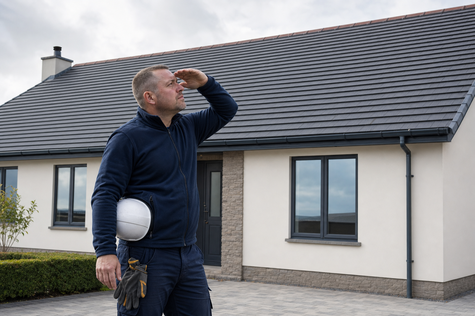 Builder holding a hard hat looks into the distance in front of a modern house.