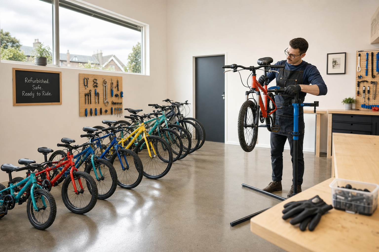 A mechanic repairs a red bicycle in a workshop lined with refurbished bikes and tools on the wall.