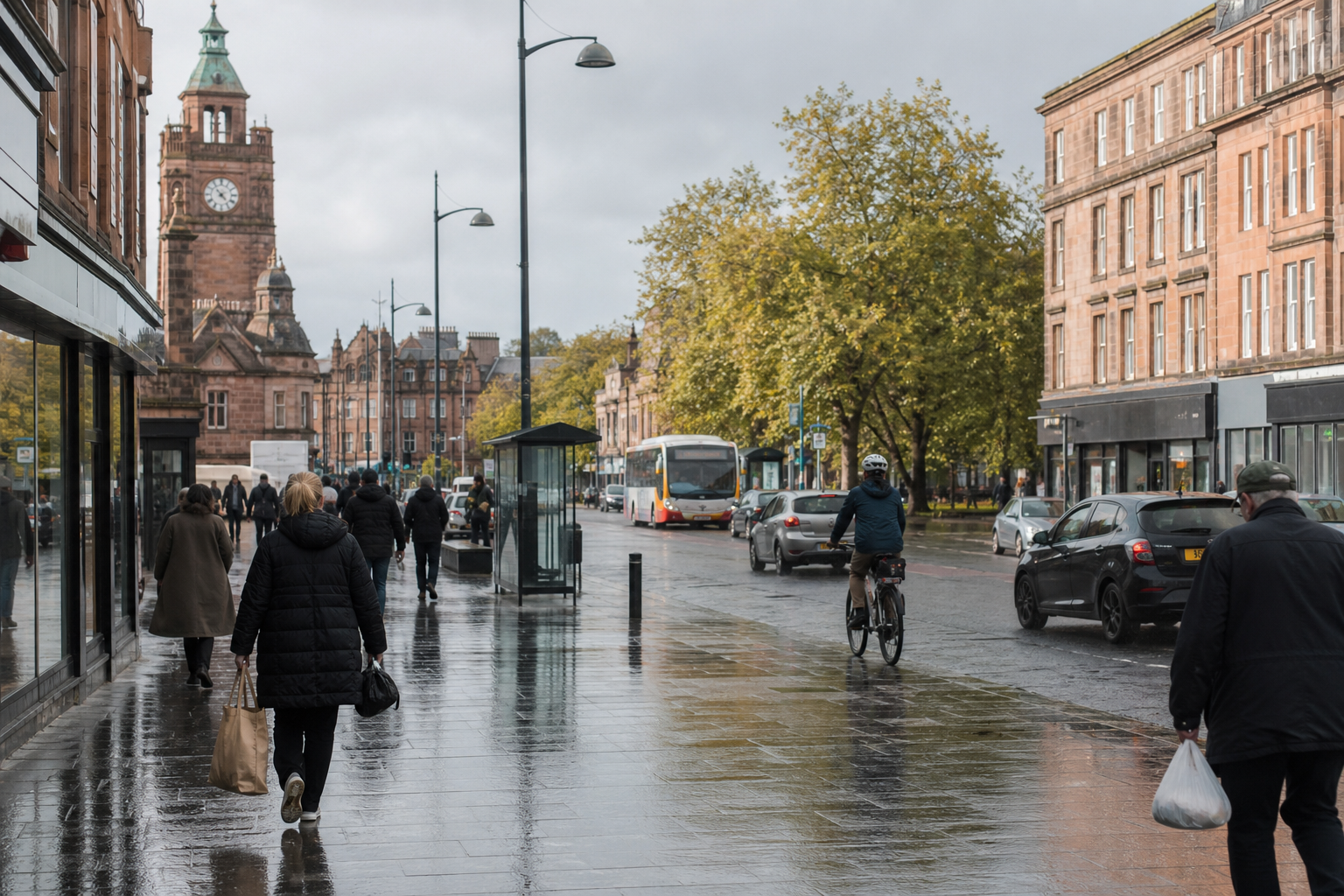 Pedestrians and a cyclist navigate a wet city street lined with buildings and a clock tower under a cloudy sky.