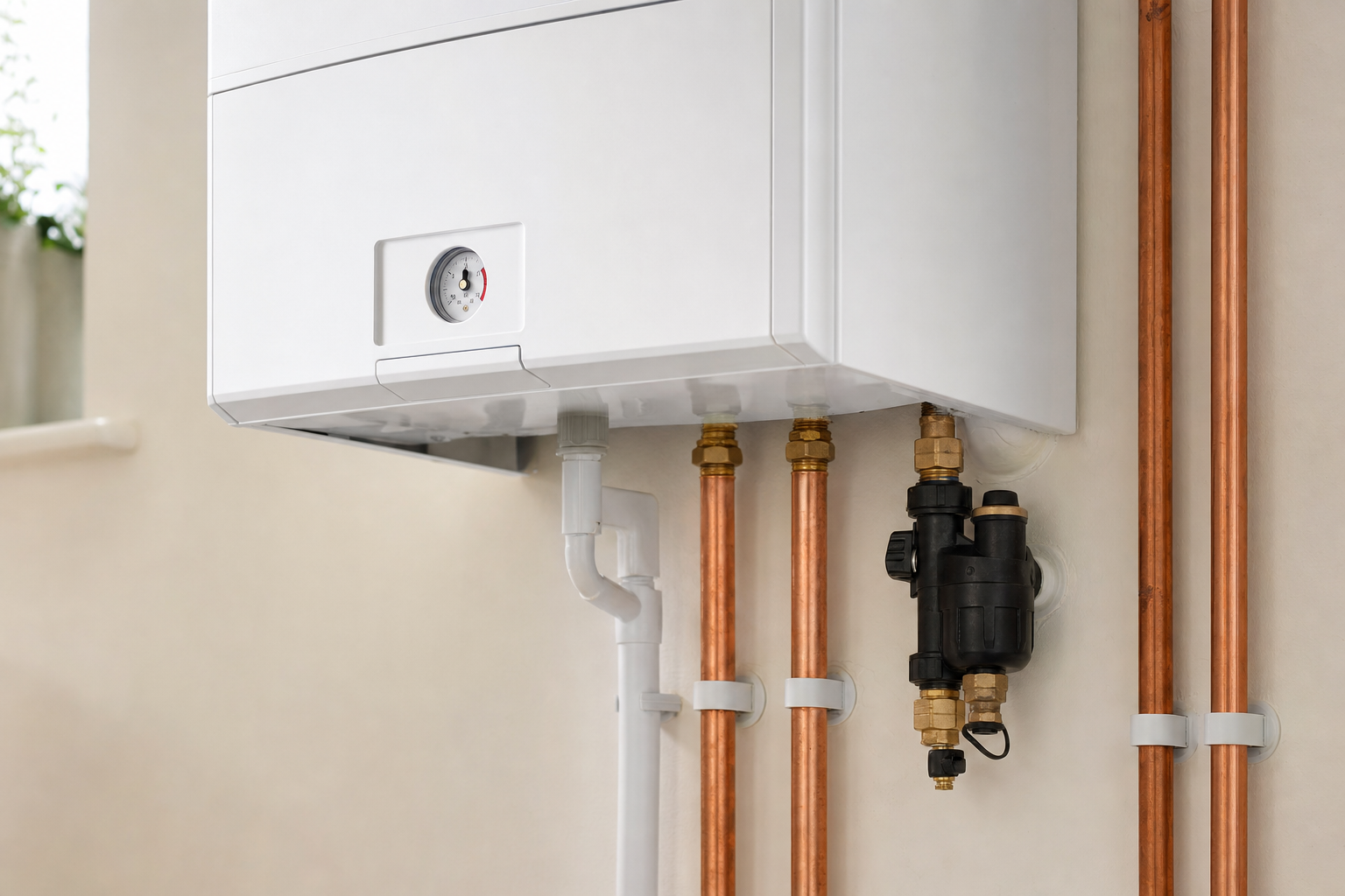 Modern combi boiler with copper pipes and a pressure gauge installed on a beige wall.