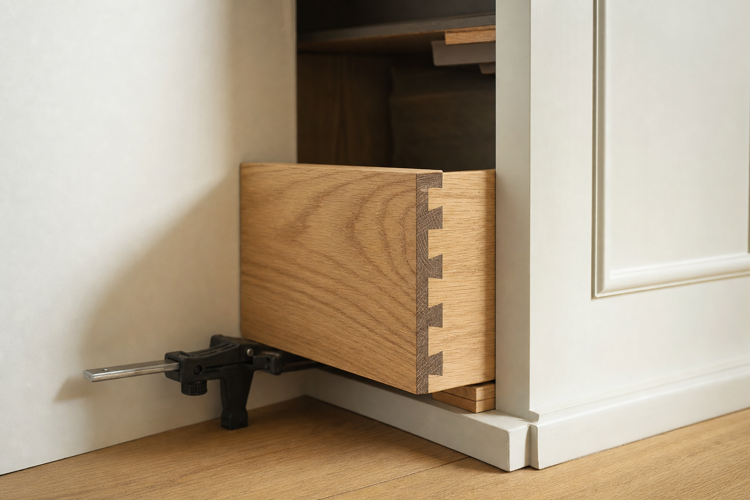 An open wooden drawer with dovetail joints is clamped in a light-coloured cabinet.