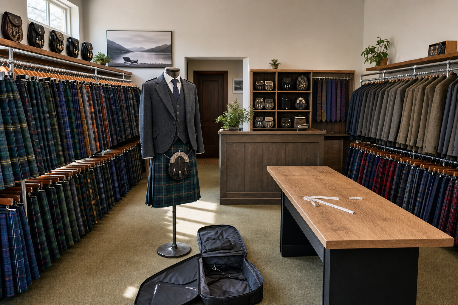 Mannequin dressed in traditional Scottish kilt outfit in a shop filled with tartan kilts and accessories.