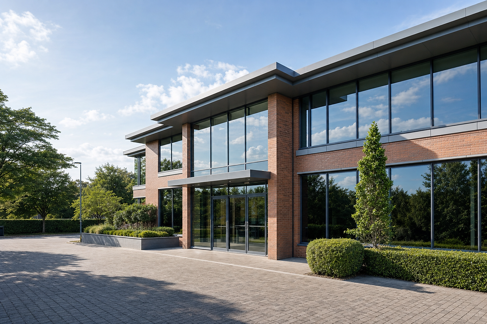Modern brick office building with large glass windows surrounded by trees and greenery under a clear blue sky.