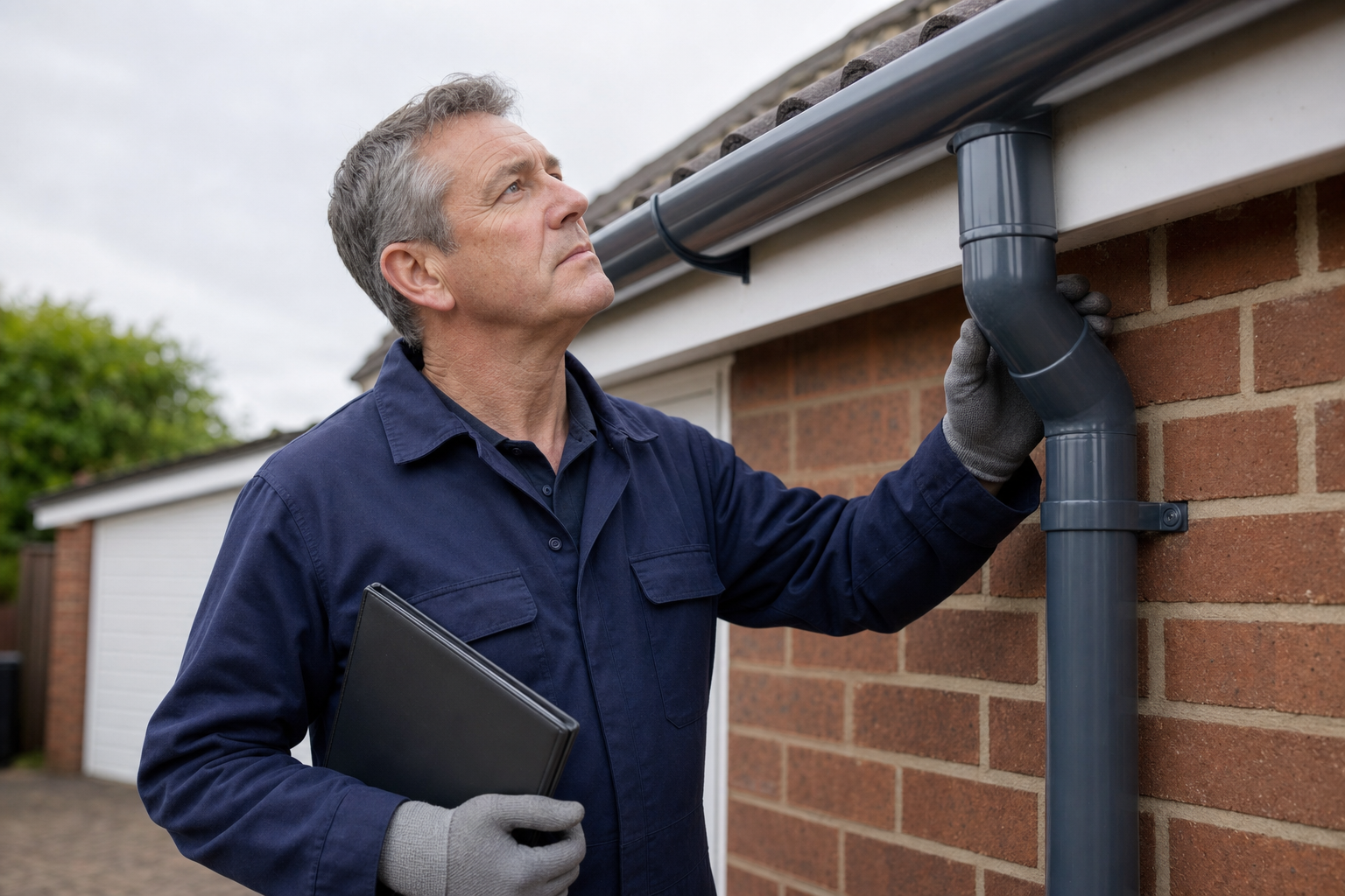 A man in work attire inspects a downpipe attached to a brick wall, holding a clipboard and wearing gloves.