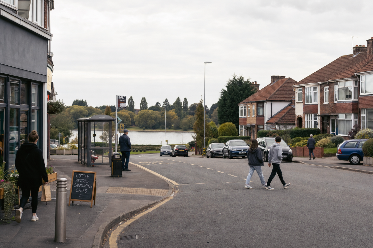 People walking along a suburban street with a row of houses and a lake in the background.
