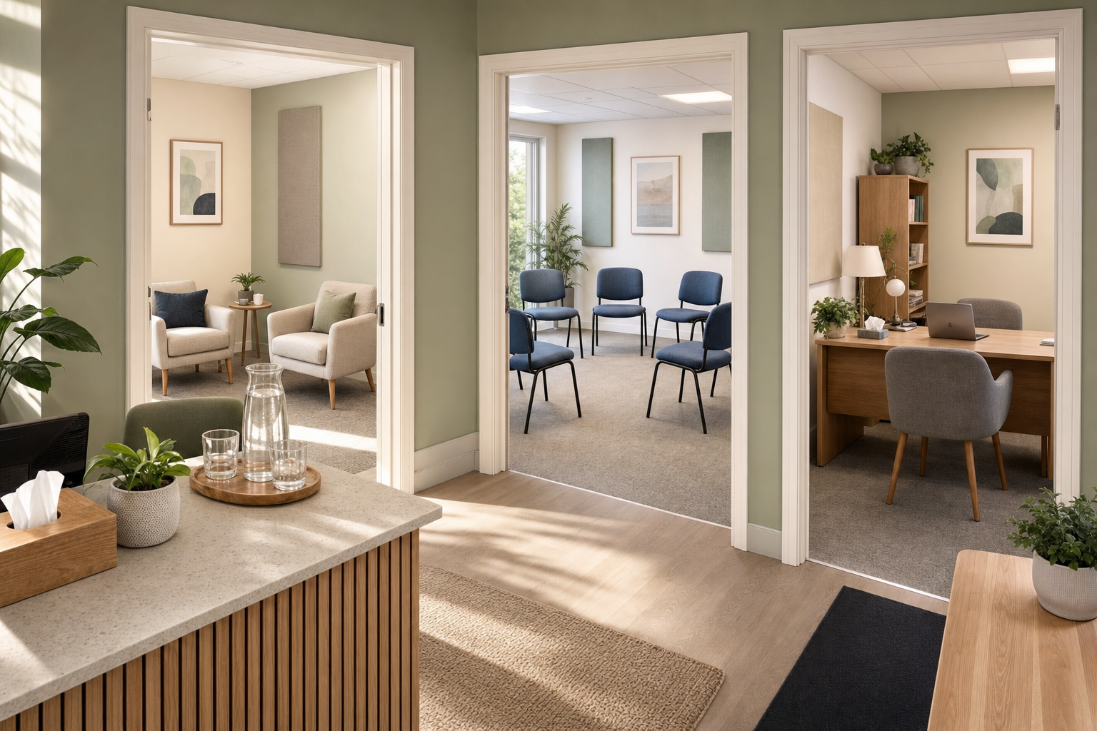 Modern office reception area with three open doors leading to a casual seating area, a meeting room, and an office desk.