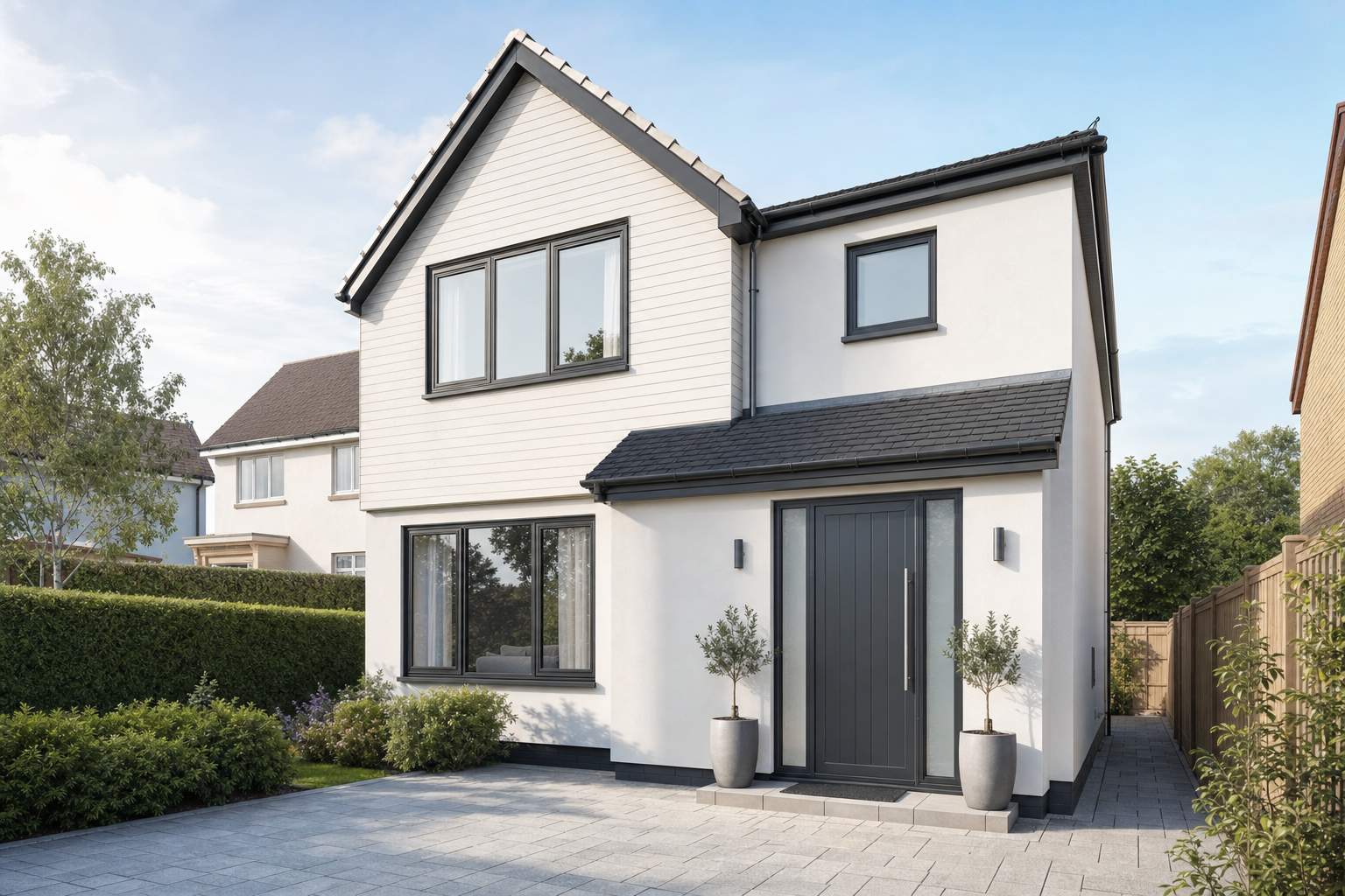 Modern two-storey white house with a grey door and a neatly landscaped front garden.