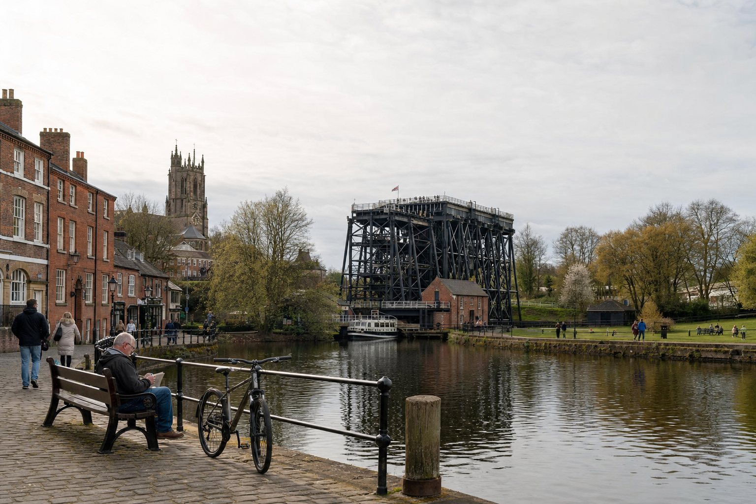 Canal side scene with a man on a bench, bicycle, river, and historic iron structure surrounded by trees.