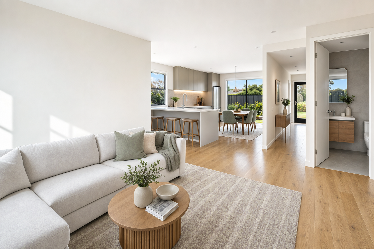Modern open-plan living room with light grey sofa, wooden coffee table, and view of kitchen and dining area.