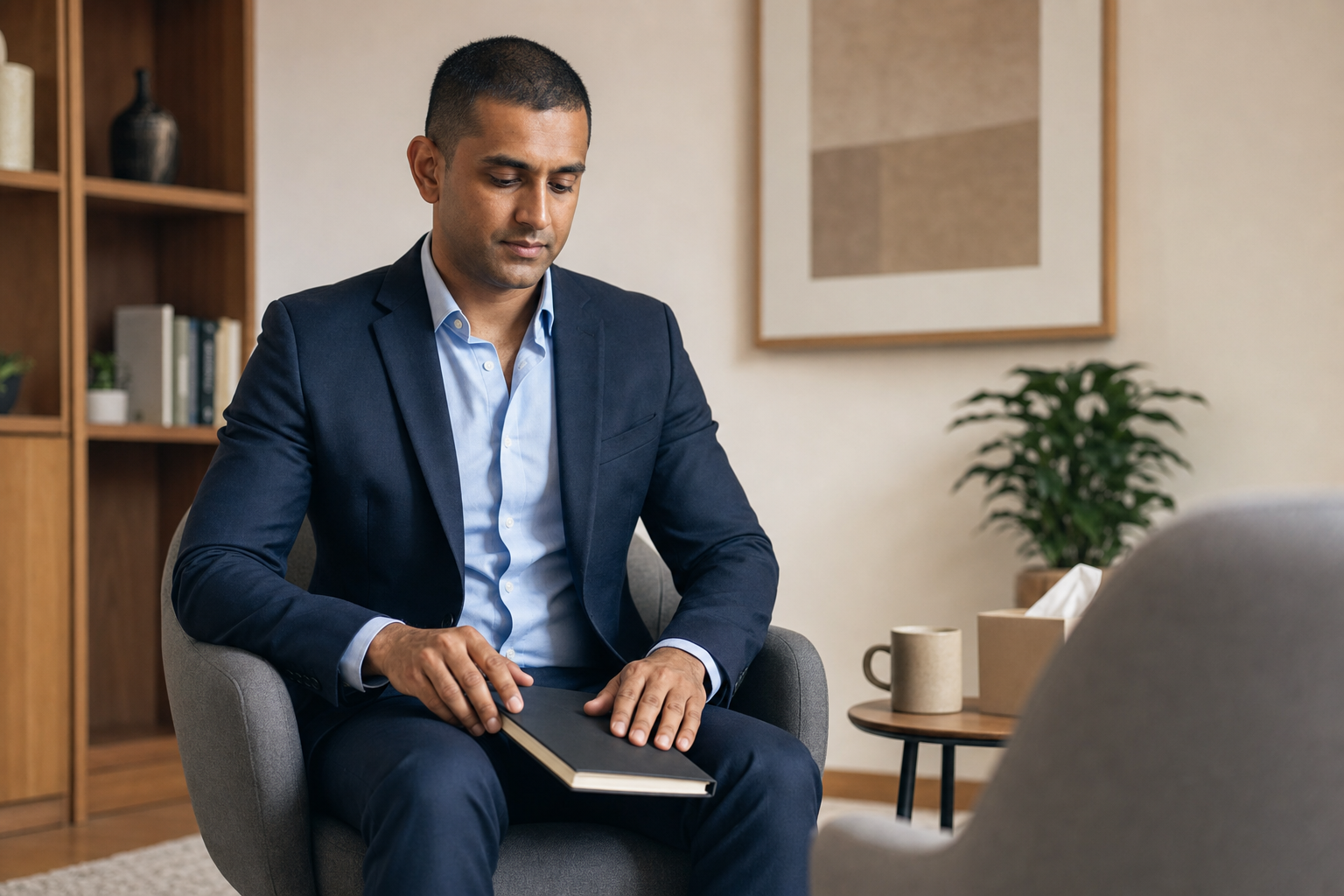 Man in a suit seated in a modern office with a closed notebook on his lap.