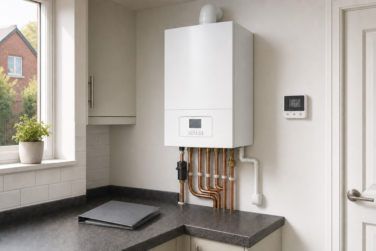 Modern white boiler mounted on a kitchen wall with copper pipes and a digital thermostat nearby.