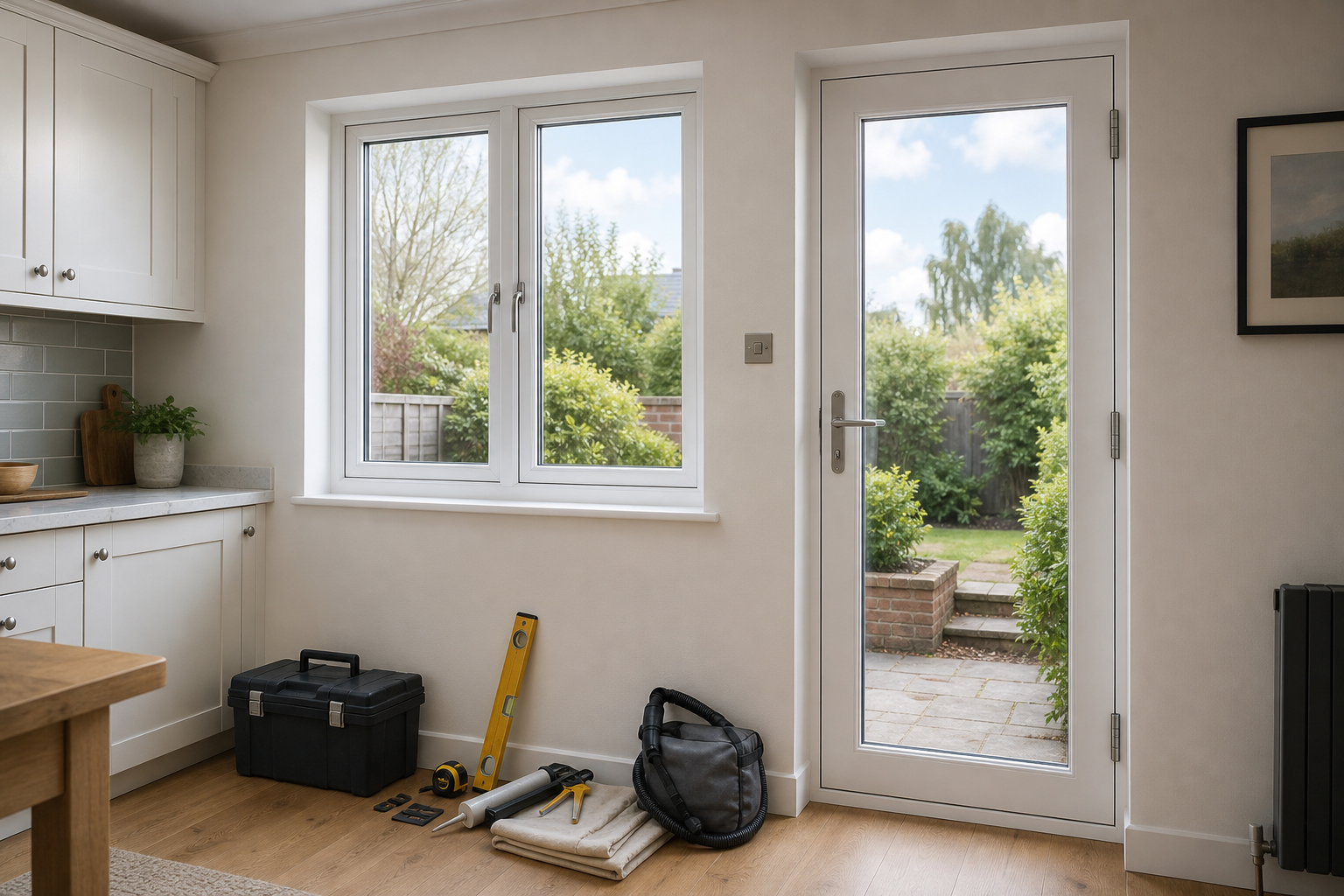 Bright kitchen corner with tools on the floor and a view of the garden through a glass door.