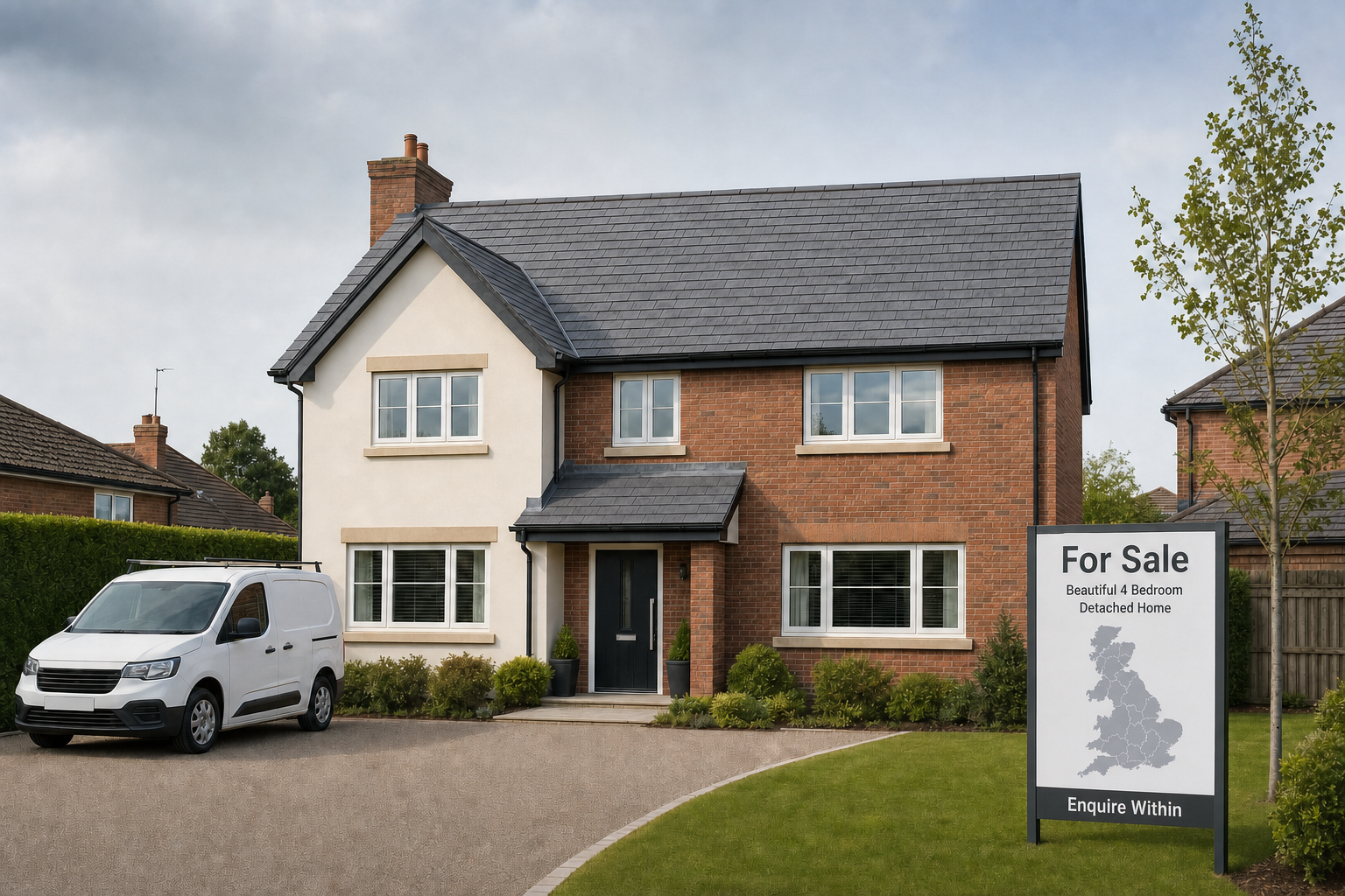 Modern detached house with brick exterior and a "For Sale" sign, situated in a suburban neighbourhood with a parked van.