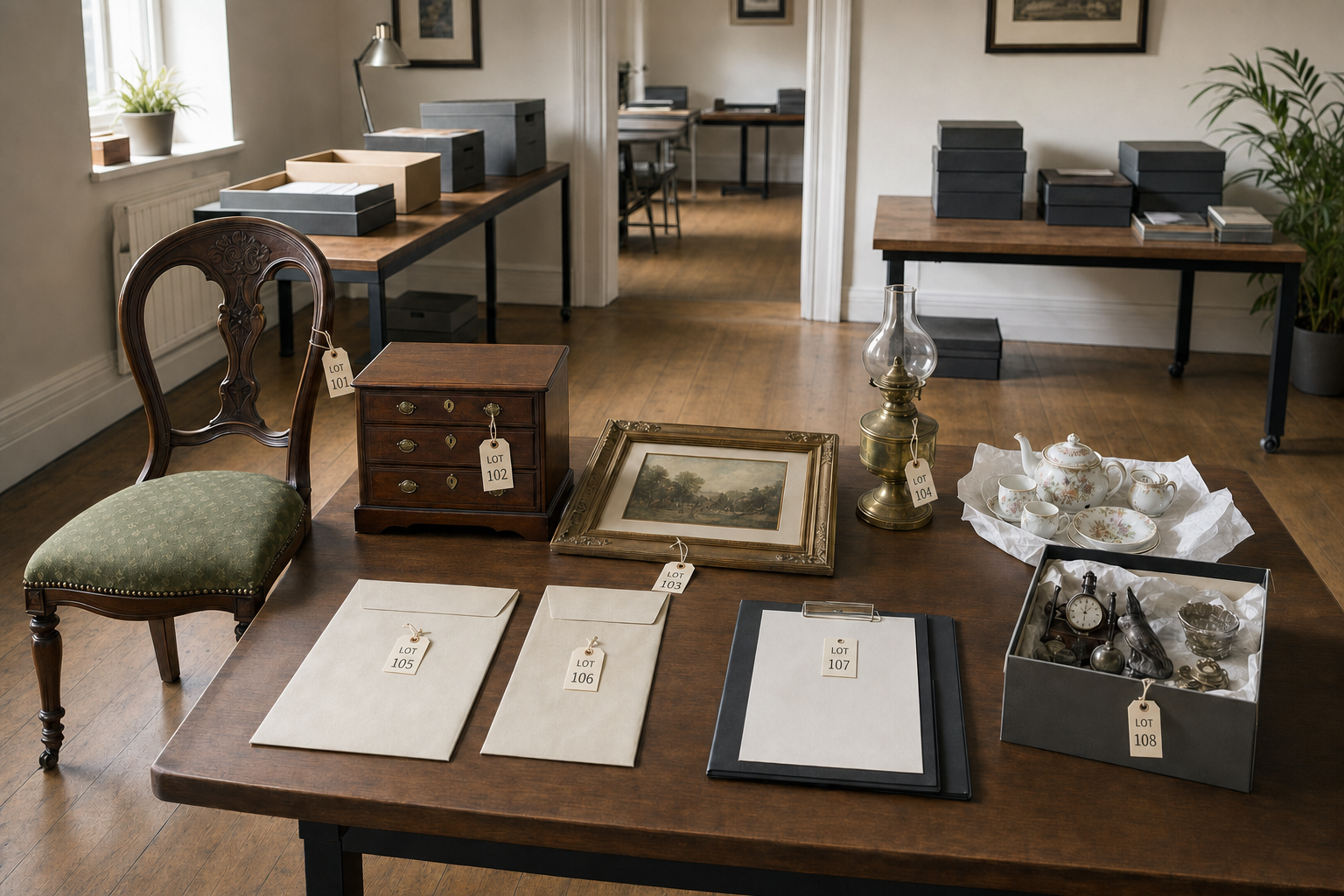 Antique furniture and items labelled with lot numbers arranged on tables in an auction room.