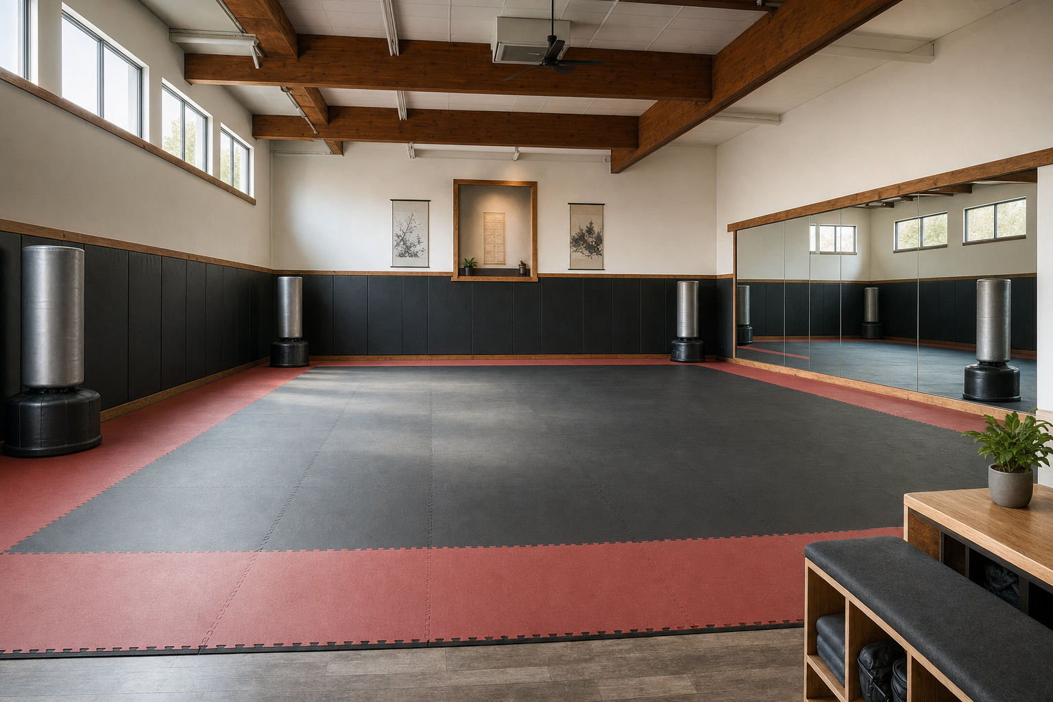 Spacious martial arts studio with padded flooring, mirrored wall, punching bags, and natural light.