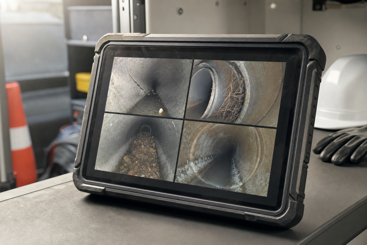A tablet displays four images of pipe interiors showing cracks, roots, and blockages, on a workstation with a hard hat and gloves.