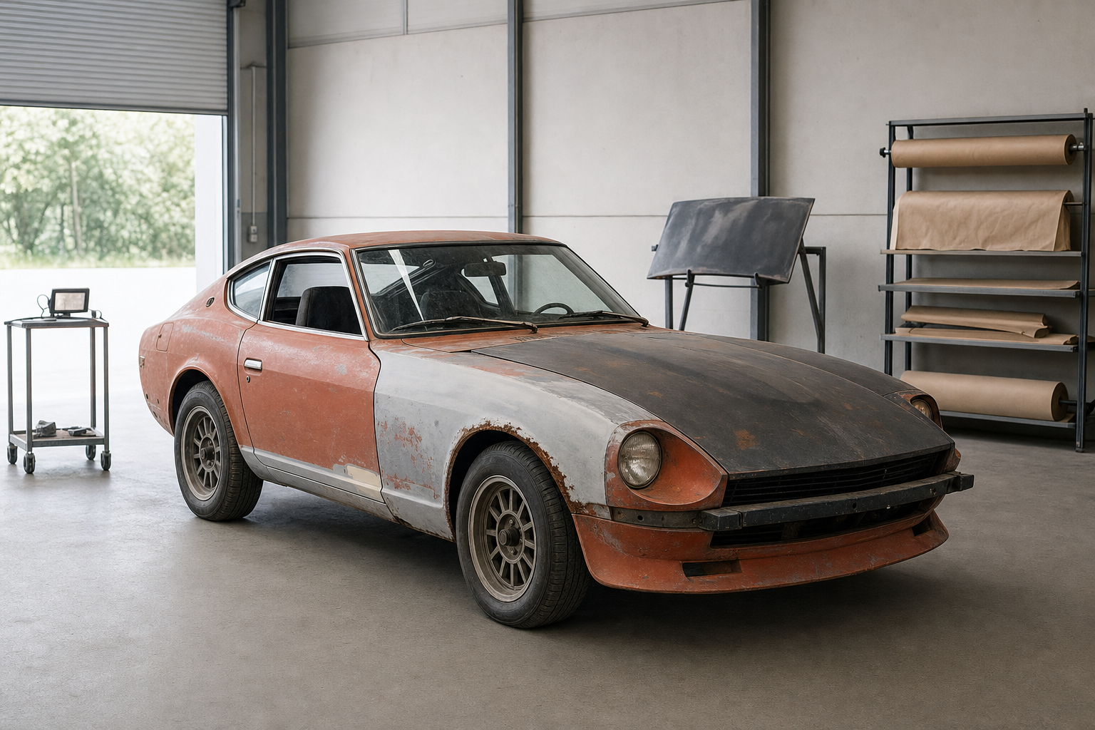 A rusted, vintage sports car sits in a garage workshop with tools and materials nearby.