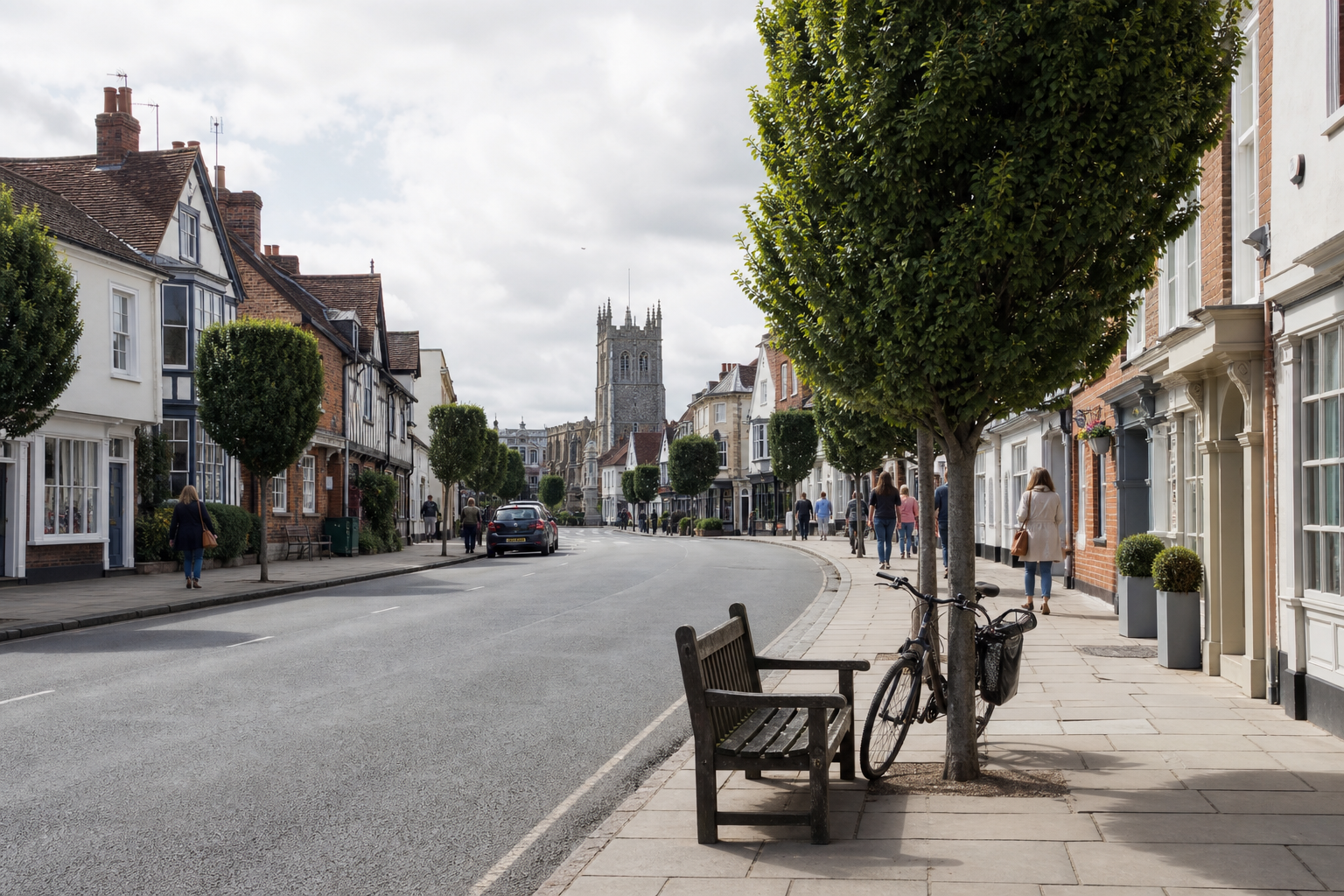 A quiet street lined with historic buildings and a church tower in the background.