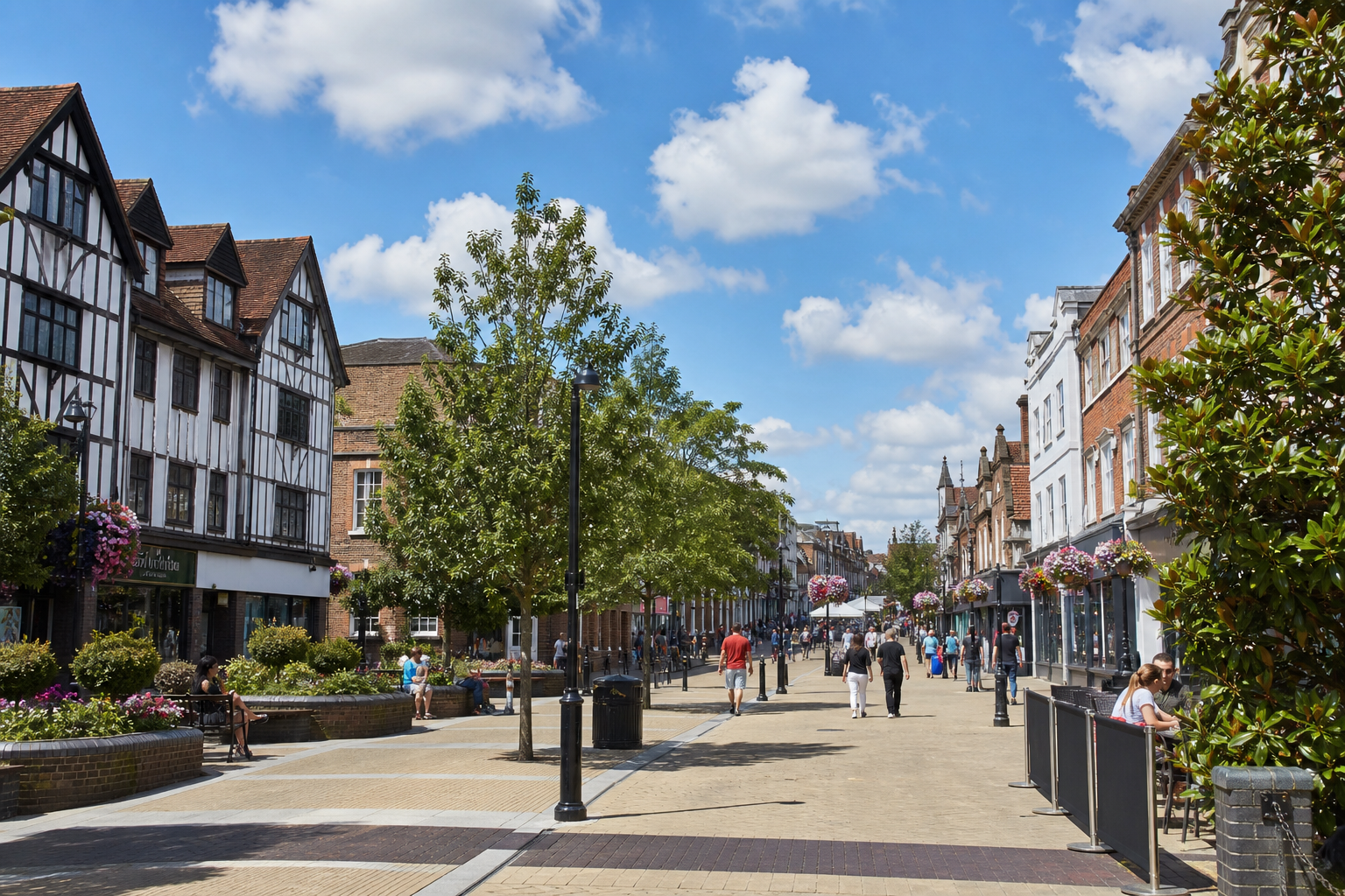Pedestrian street with people walking, surrounded by historic buildings and vibrant greenery under a blue sky.