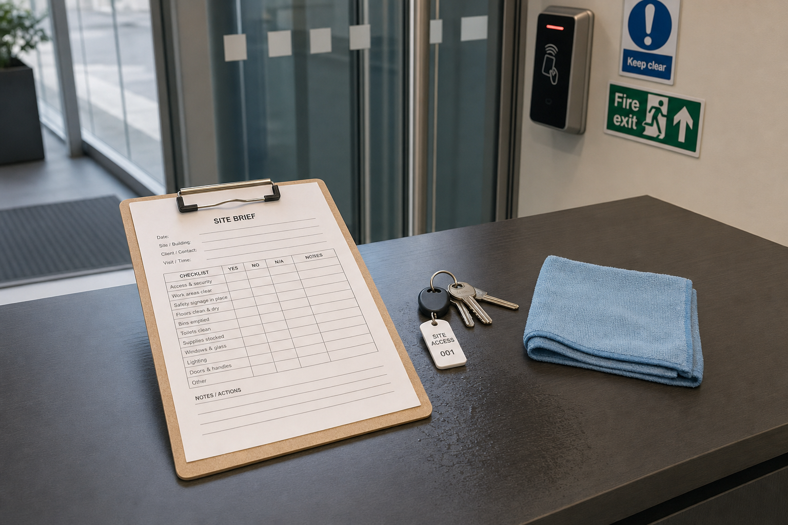 Clipboard with site brief checklist, keys, and a blue cloth on a desk near a glass door and fire exit sign.